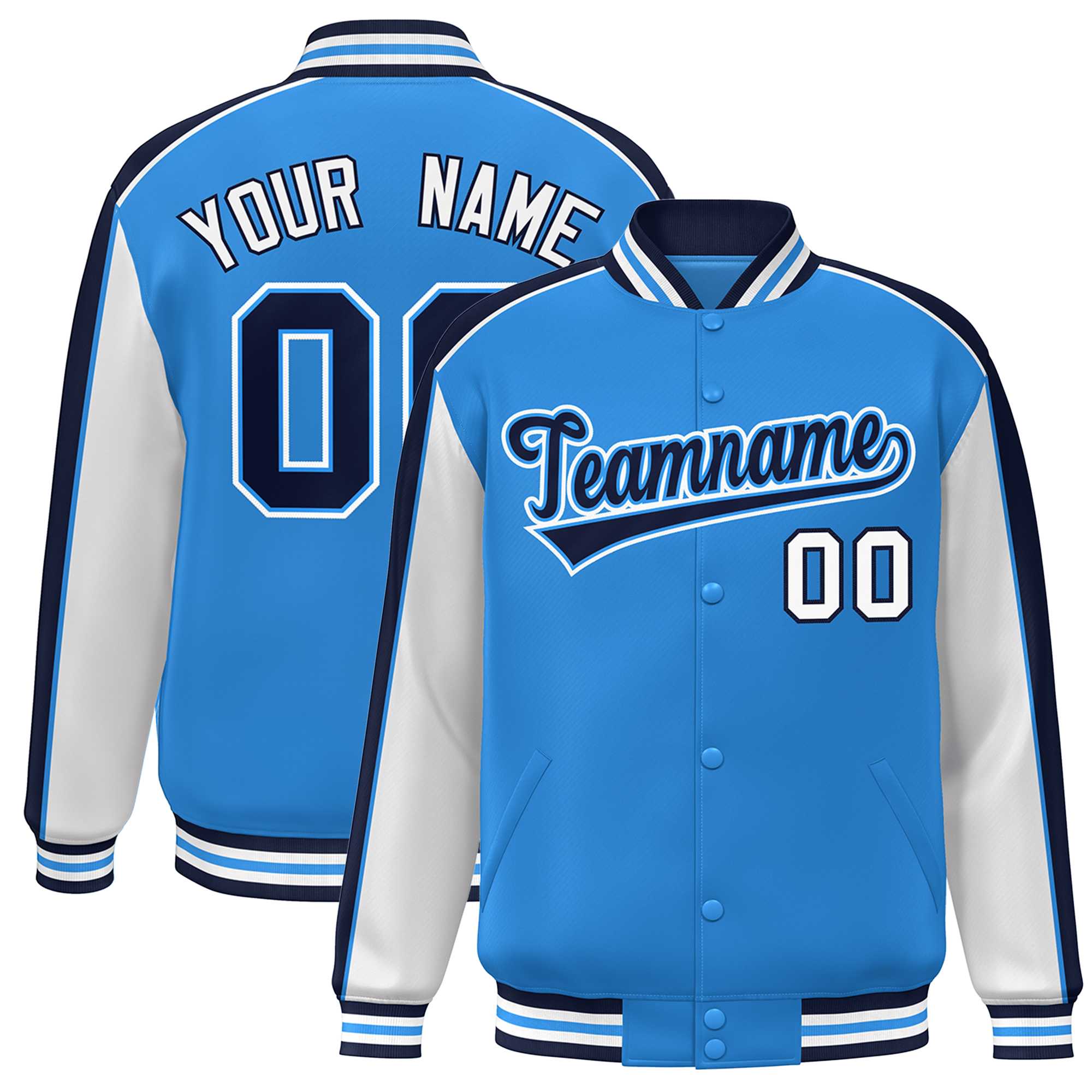 Custom Powder Blue White-Navy Color Block Bomber Varsity Full-Snap Baseball Jacket