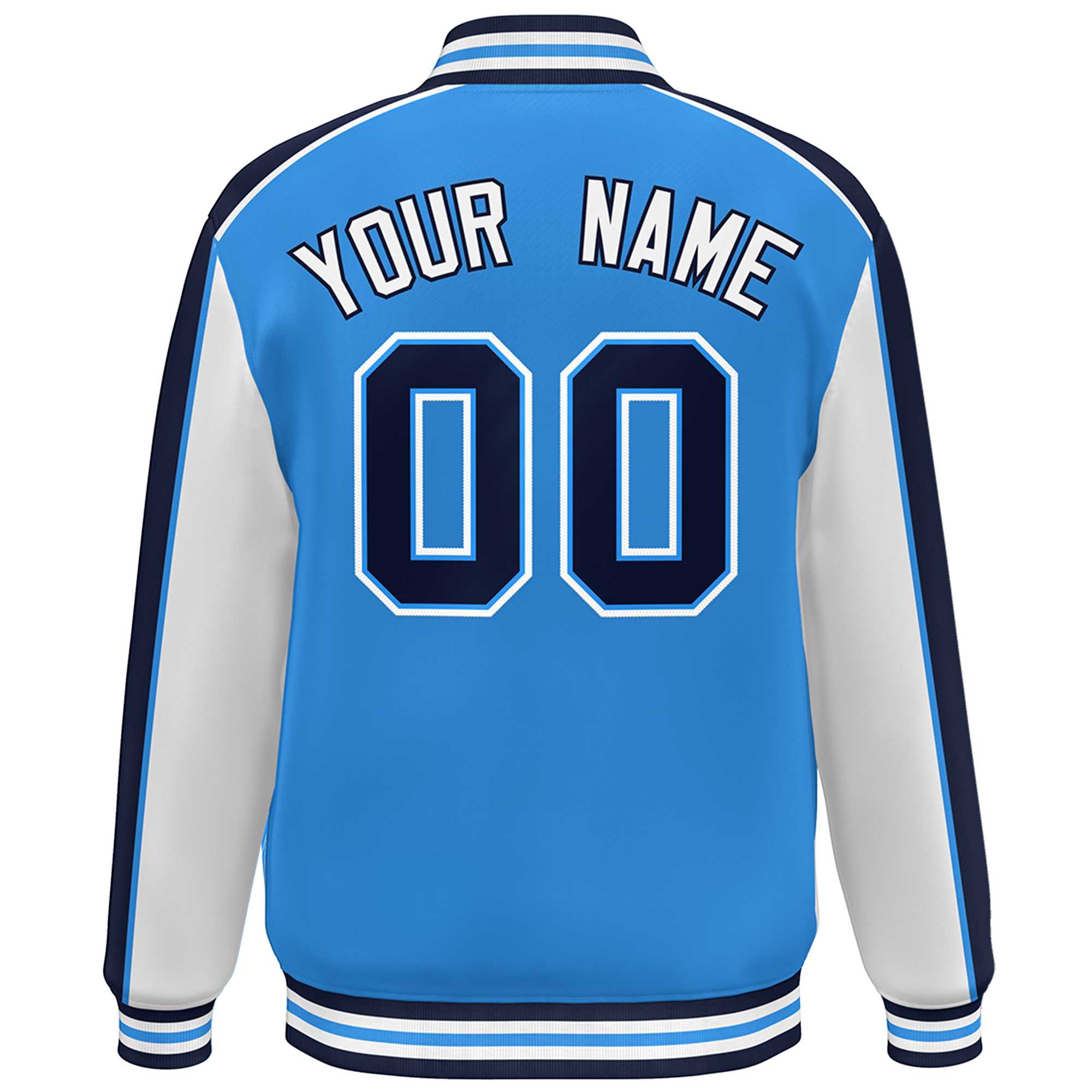 Custom Powder Blue White-Navy Color Block Bomber Varsity Full-Snap Baseball Jacket