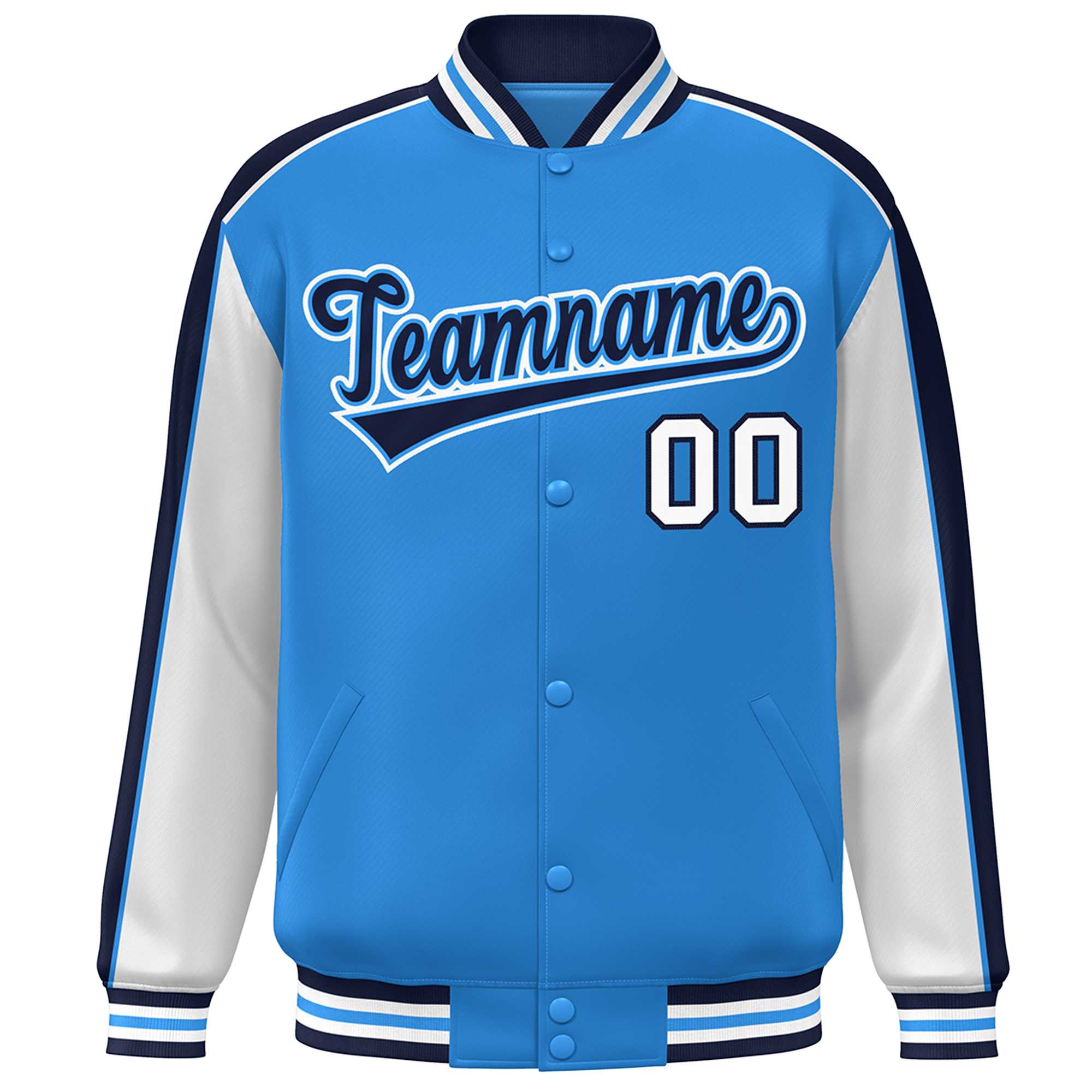 Custom Powder Blue White-Navy Color Block Bomber Varsity Full-Snap Baseball Jacket