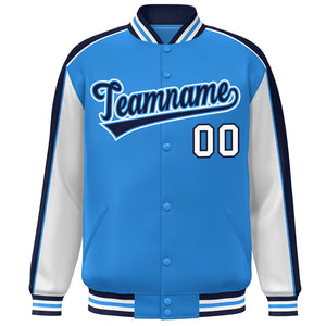 Custom Powder Blue White-Navy Color Block Bomber Varsity Full-Snap Baseball Jacket