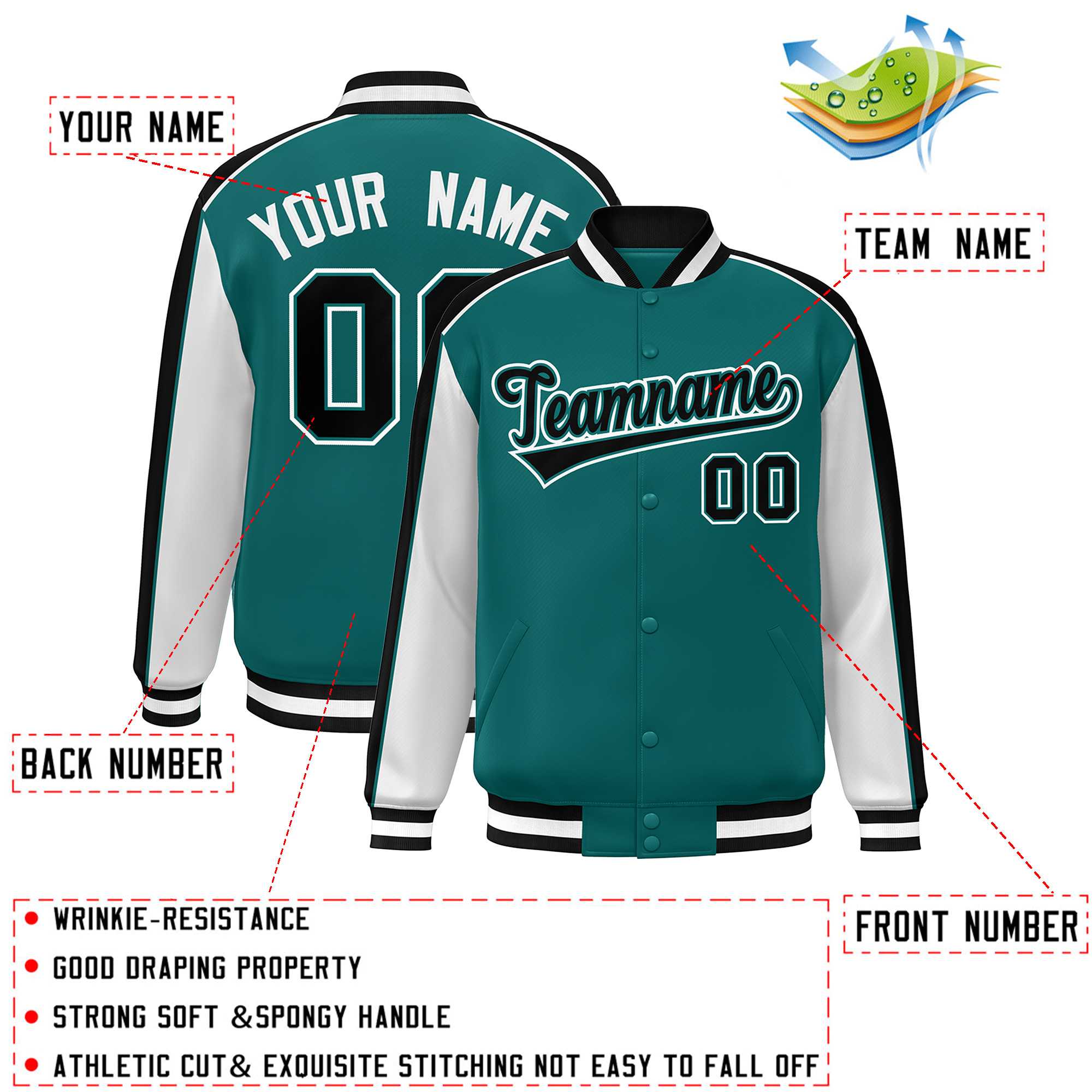 Custom Aqua White-Black Color Block Bomber Varsity Full-Snap Baseball Jacket