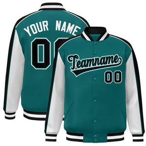 Custom Aqua White-Black Color Block Bomber Varsity Full-Snap Baseball Jacket