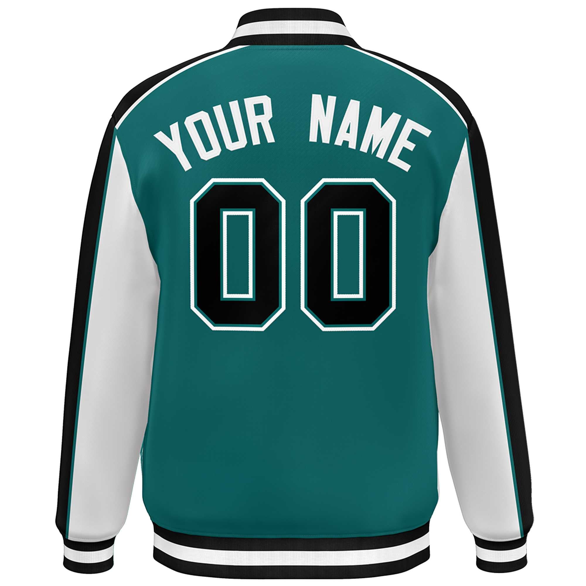 Custom Aqua White-Black Color Block Bomber Varsity Full-Snap Baseball Jacket