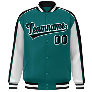 Custom Aqua White-Black Color Block Bomber Varsity Full-Snap Baseball Jacket