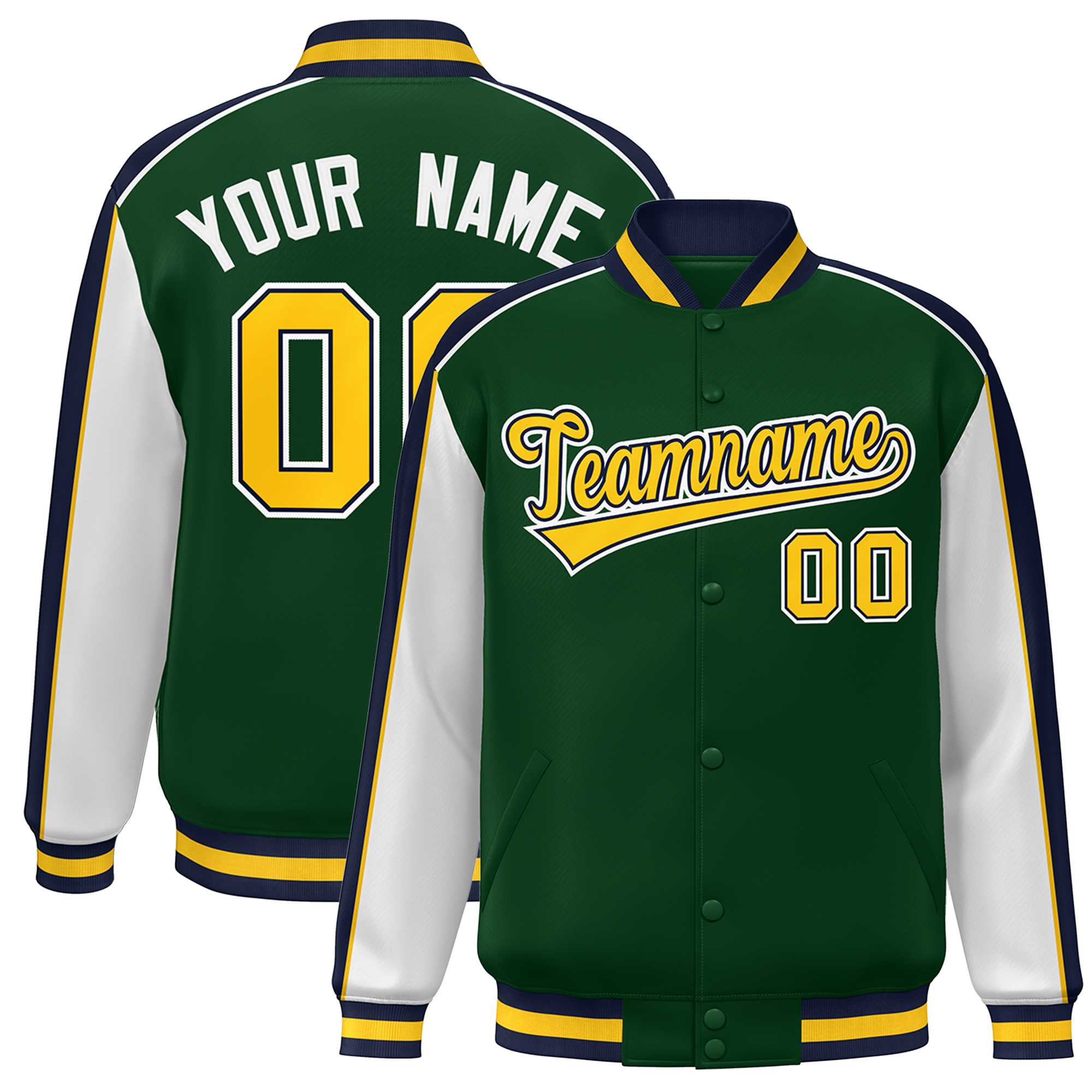 Custom Green White-Navy Color Block Bomber Varsity Full-Snap Baseball Jacket