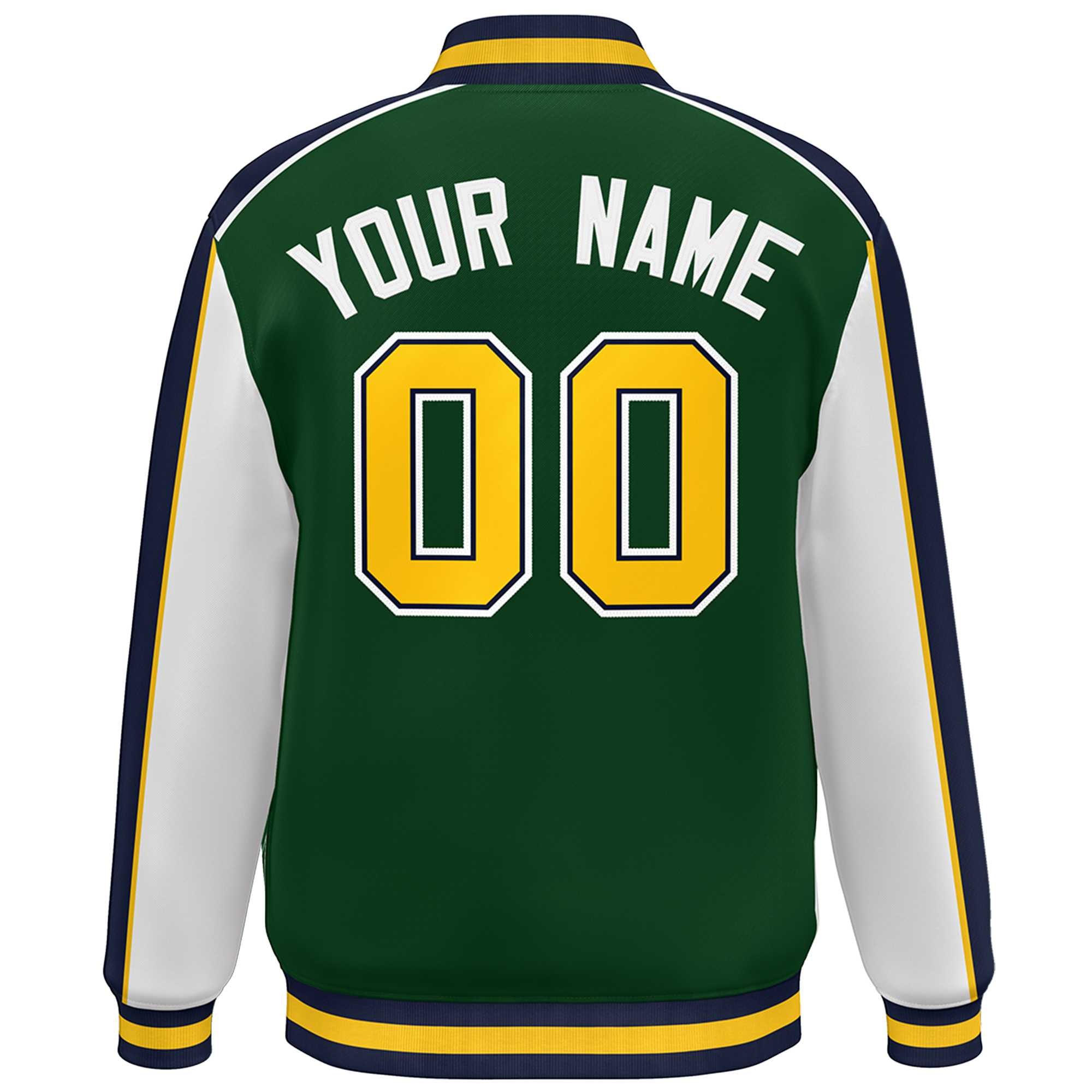 Custom Green White-Navy Color Block Bomber Varsity Full-Snap Baseball Jacket