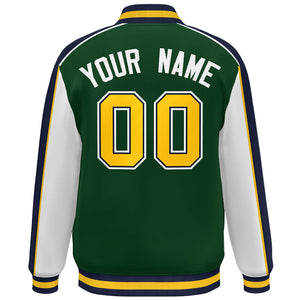 Custom Green White-Navy Color Block Bomber Varsity Full-Snap Baseball Jacket