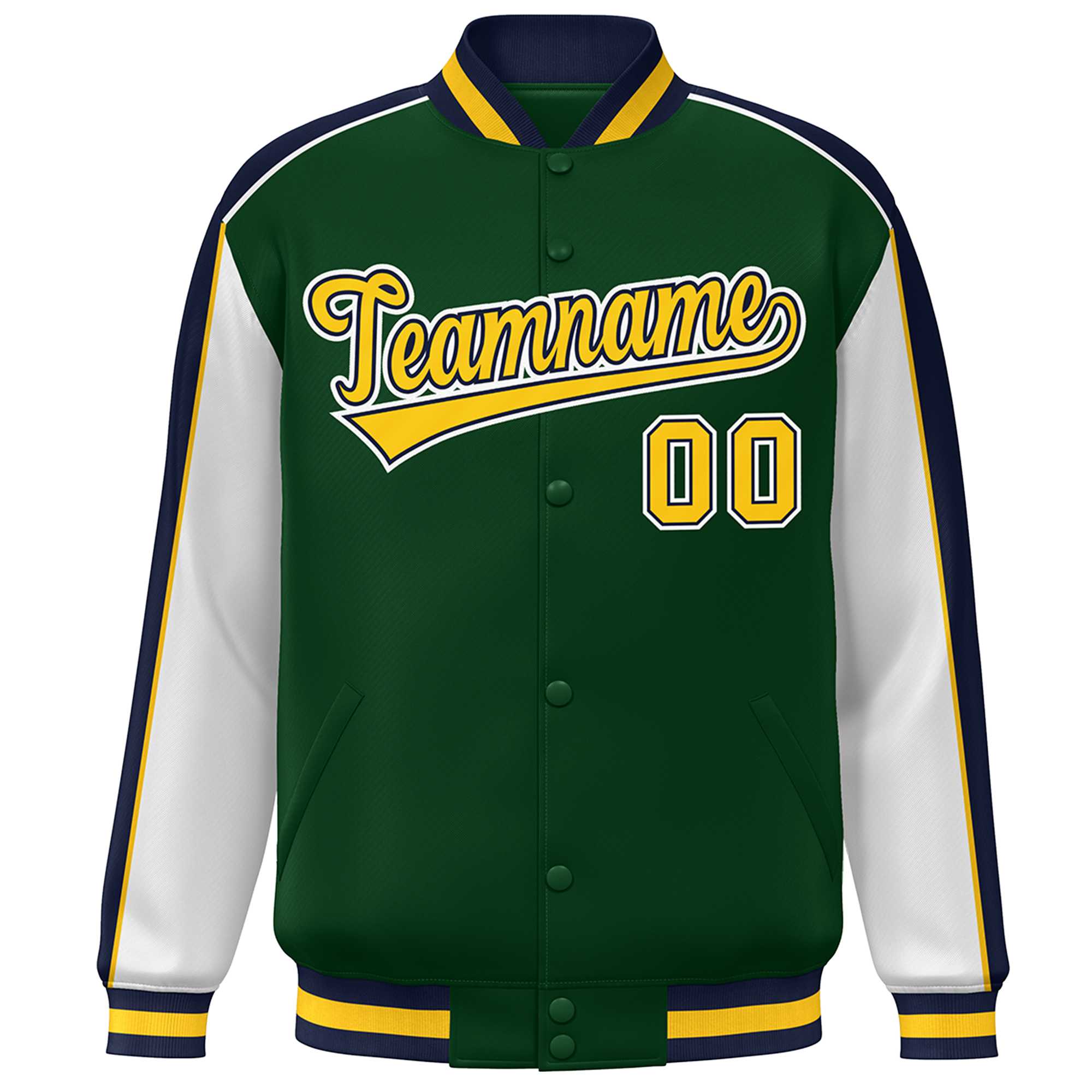 Custom Green White-Navy Color Block Bomber Varsity Full-Snap Baseball Jacket