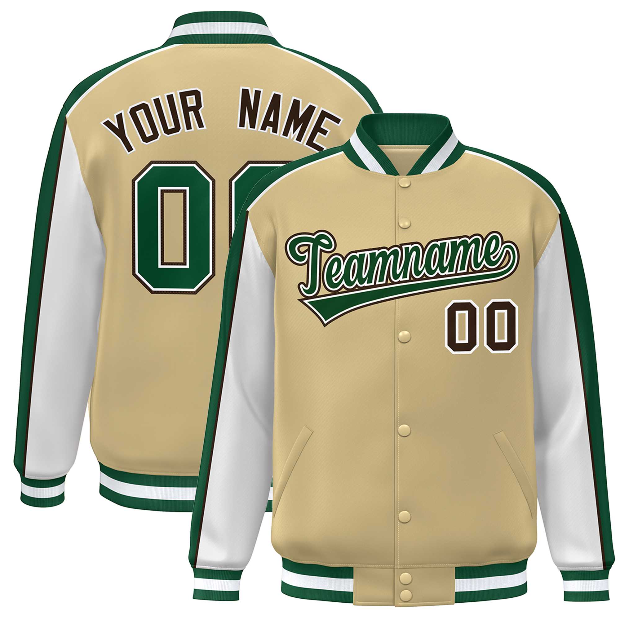 Custom Khaki White-Green Color Block Bomber Varsity Full-Snap Baseball Jacket