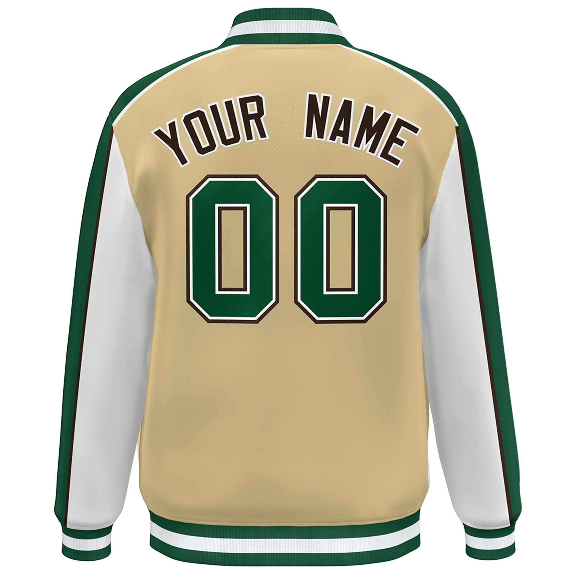 Custom Khaki White-Green Color Block Bomber Varsity Full-Snap Baseball Jacket