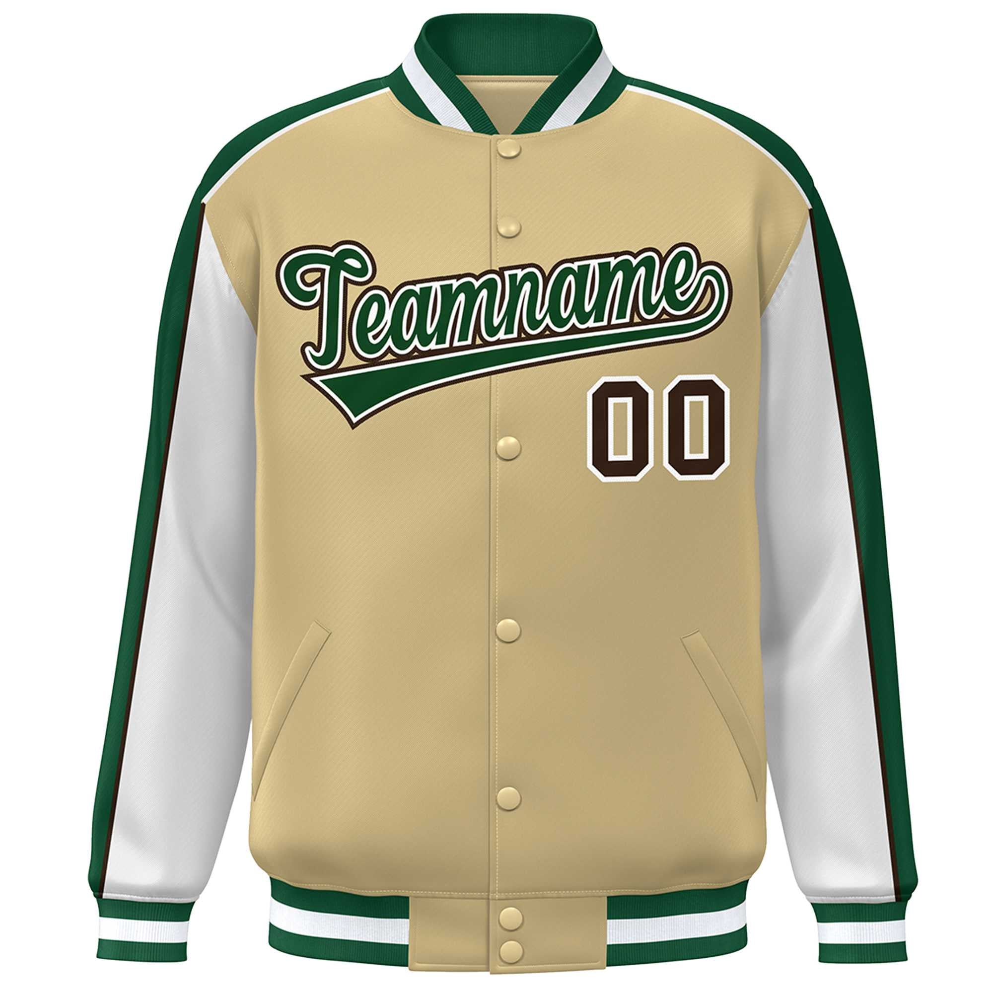 Custom Khaki White-Green Color Block Bomber Varsity Full-Snap Baseball Jacket