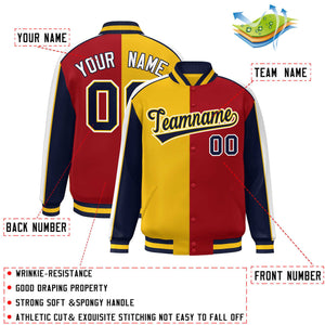 Custom Gold Red Navy-White Color Block Bomber Varsity Full-Snap Baseball Jacket