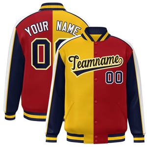 Custom Gold Red Navy-White Color Block Bomber Varsity Full-Snap Baseball Jacket