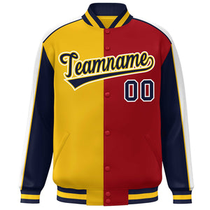 Custom Gold Red Navy-White Color Block Bomber Varsity Full-Snap Baseball Jacket