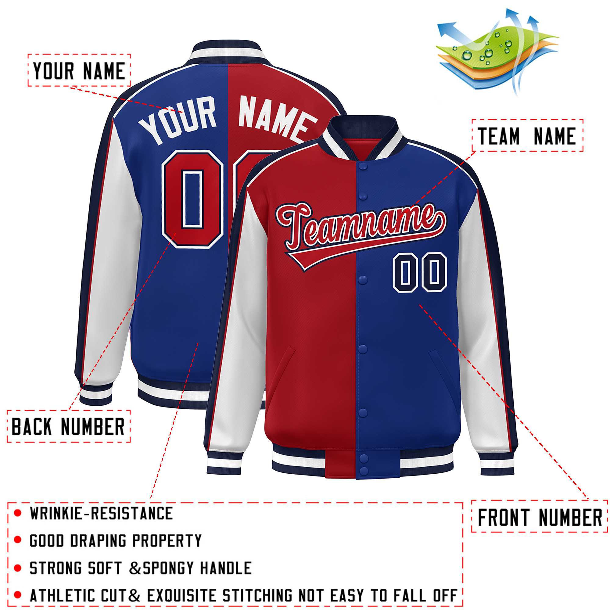 Custom Red Royal White-Navy Color Block Bomber Varsity Full-Snap Baseball Jacket