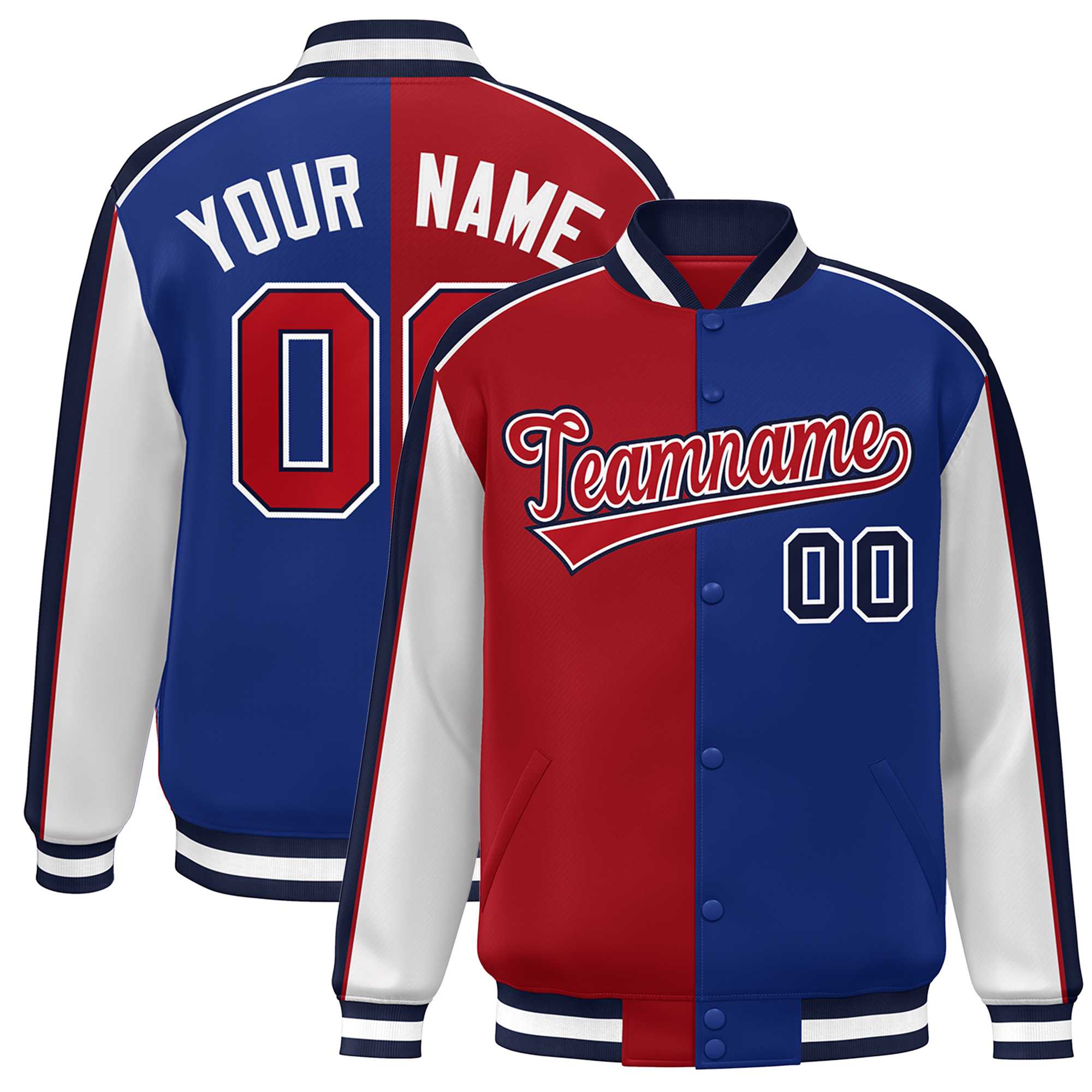 Custom Red Royal White-Navy Color Block Bomber Varsity Full-Snap Baseball Jacket