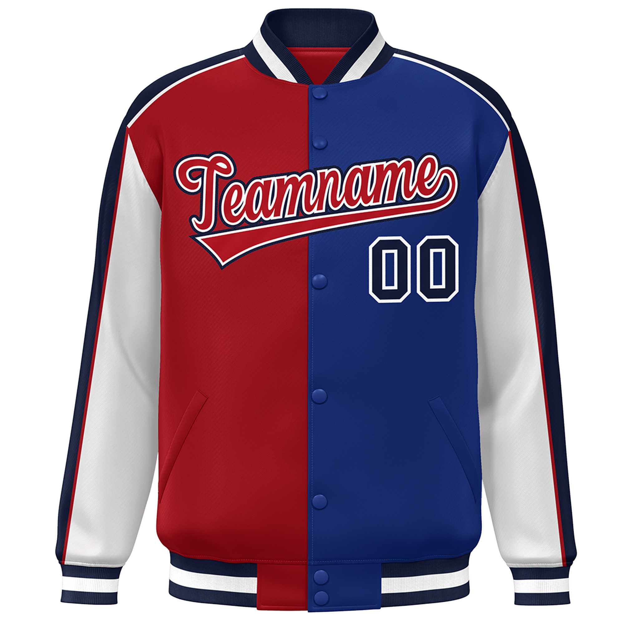 Custom Red Royal White-Navy Color Block Bomber Varsity Full-Snap Baseball Jacket