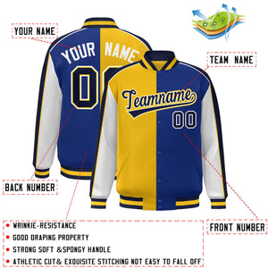 Custom Gold Royal White-Navy Color Block Bomber Varsity Full-Snap Baseball Jacket