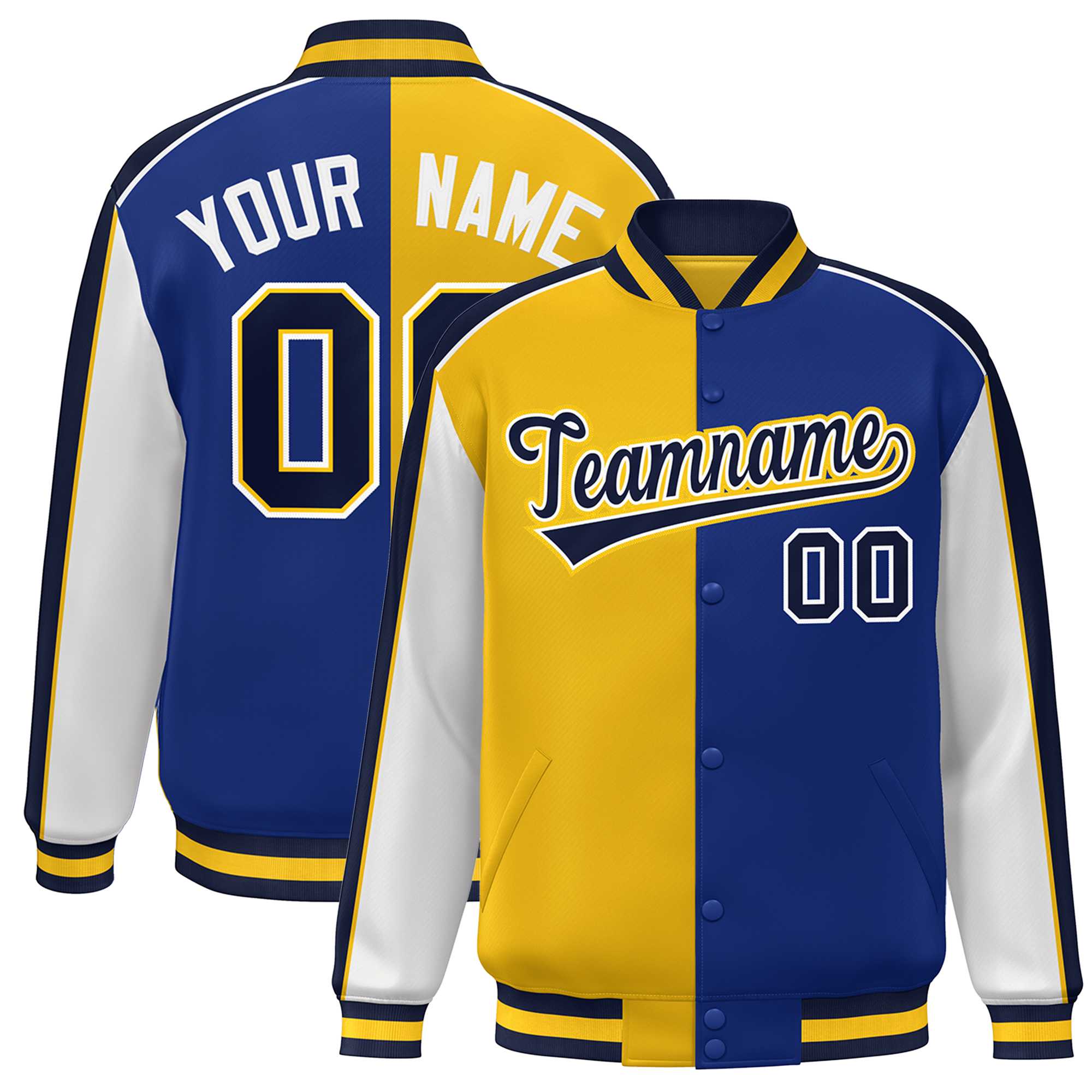 Custom Gold Royal White-Navy Color Block Bomber Varsity Full-Snap Baseball Jacket