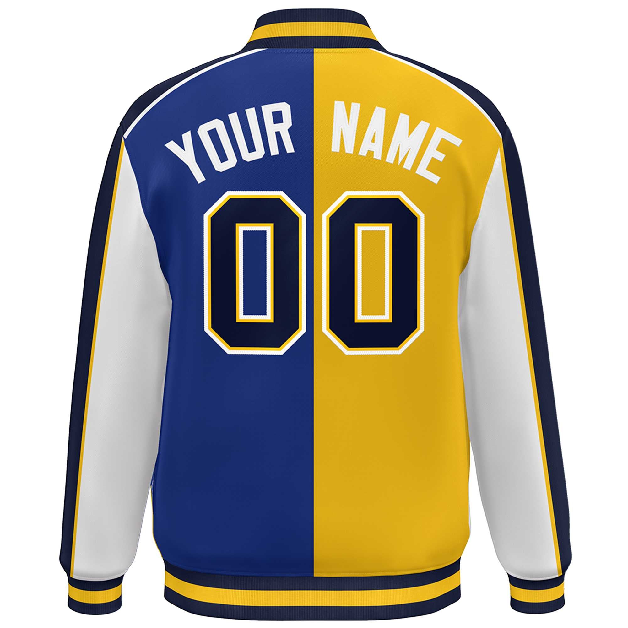 Custom Gold Royal White-Navy Color Block Bomber Varsity Full-Snap Baseball Jacket