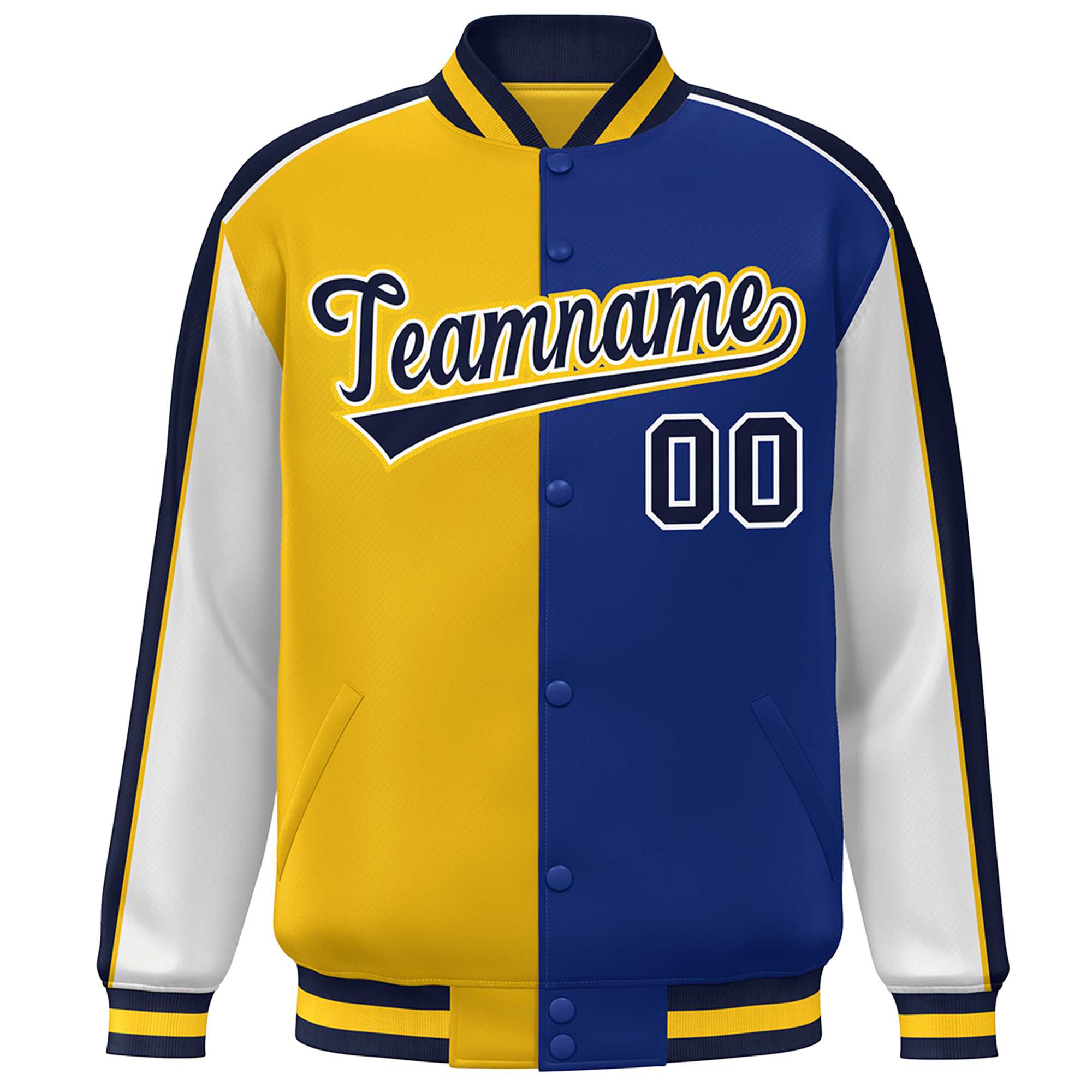 Custom Gold Royal White-Navy Color Block Bomber Varsity Full-Snap Baseball Jacket