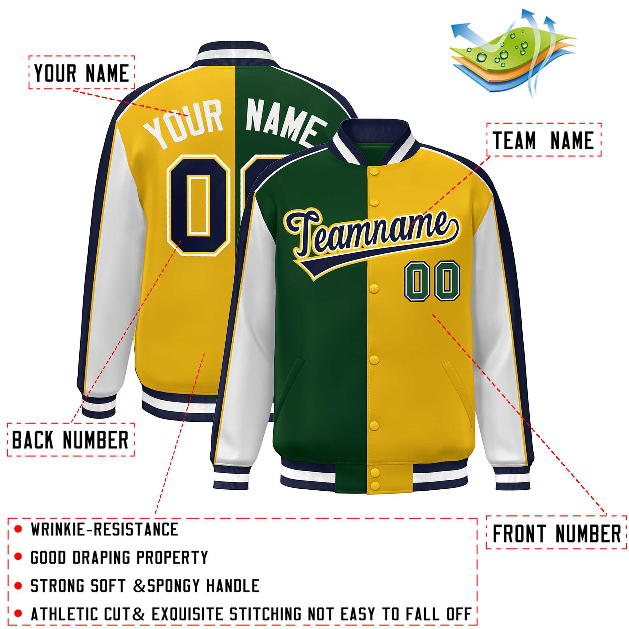 Custom Green Gold White-Navy Color Block Bomber Varsity Full-Snap Baseball Jacket