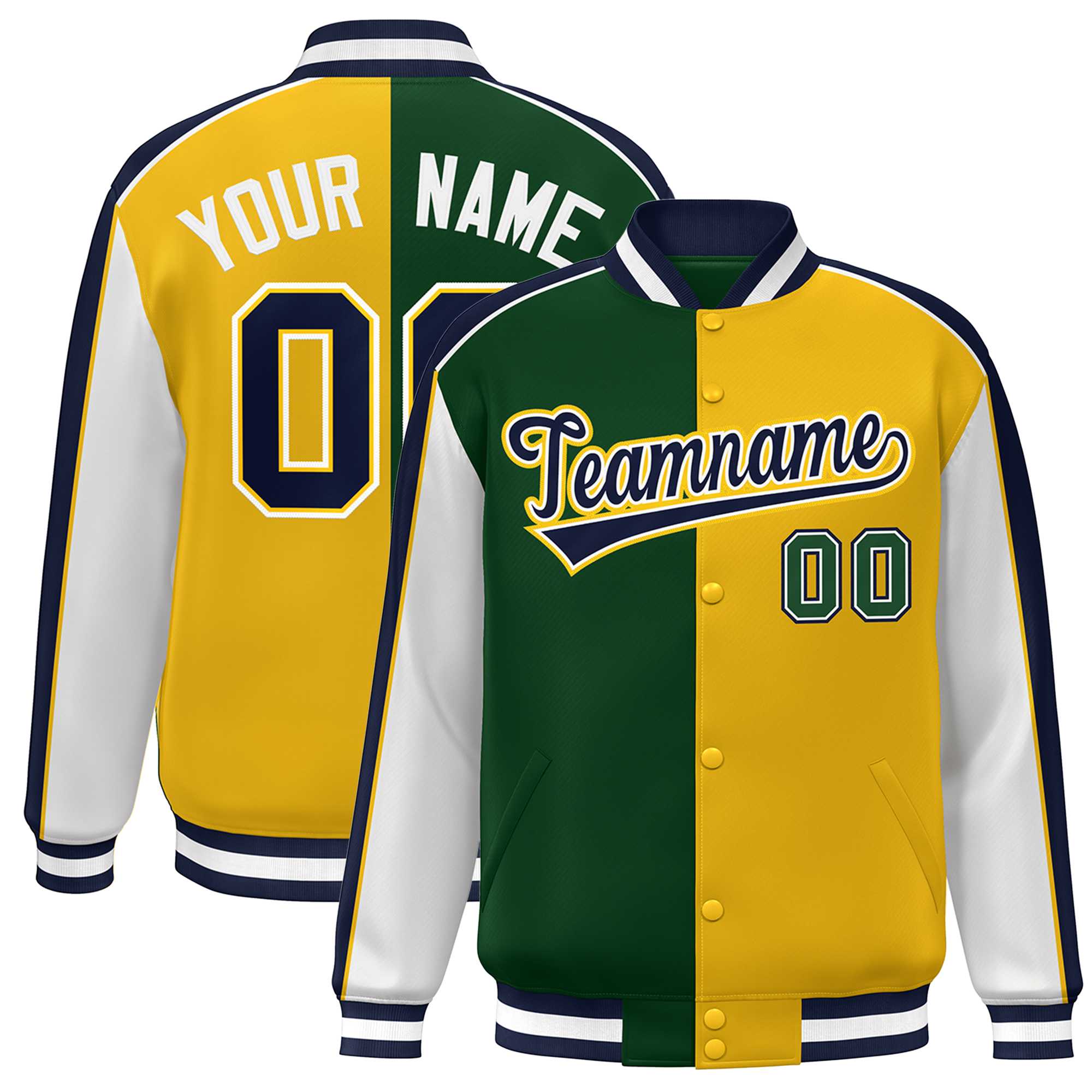 Custom Green Gold White-Navy Color Block Bomber Varsity Full-Snap Baseball Jacket