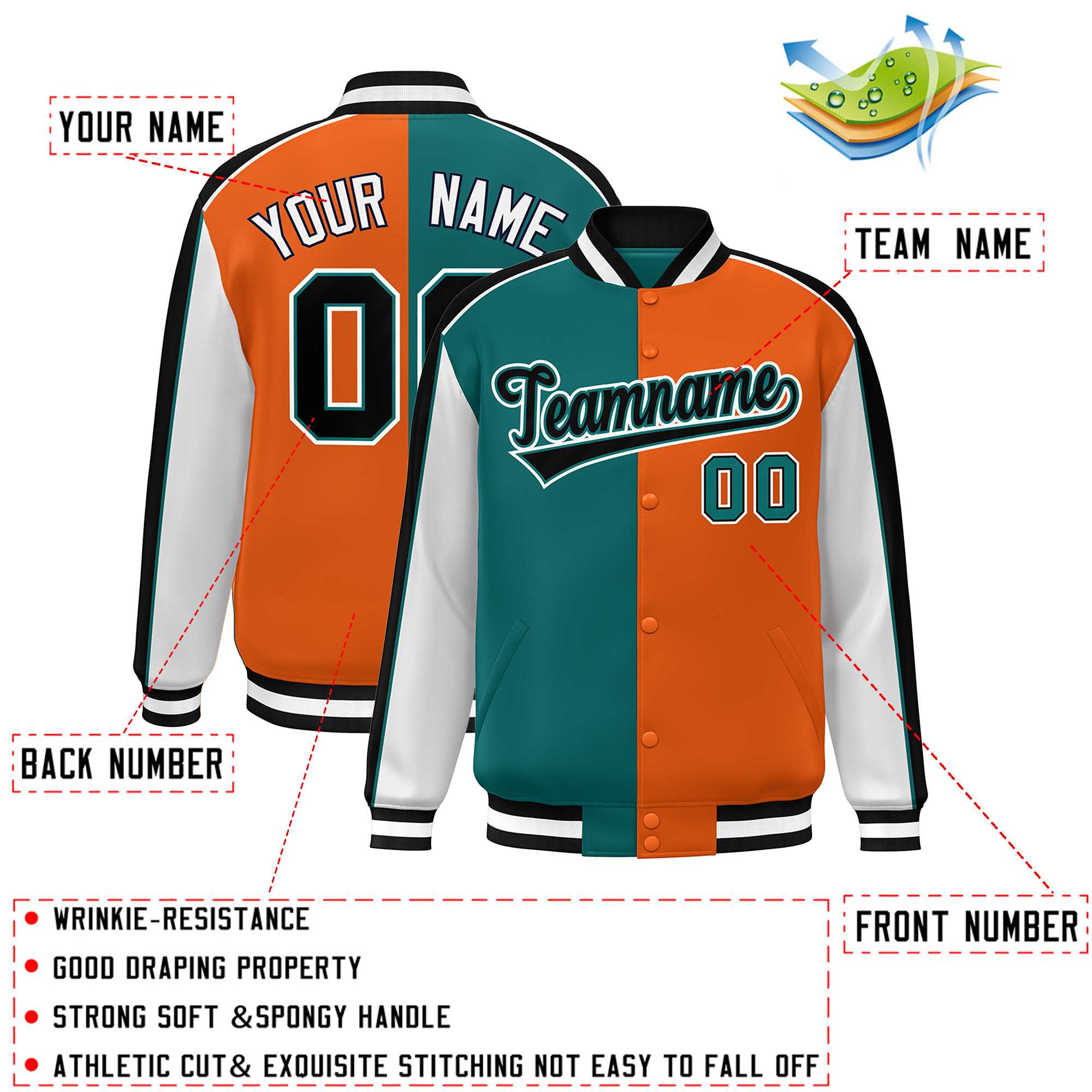 Custom Aqua Orange White-Black Color Block Bomber Varsity Full-Snap Baseball Jacket