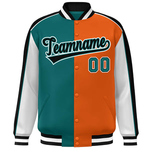 Custom Aqua Orange White-Black Color Block Bomber Varsity Full-Snap Baseball Jacket