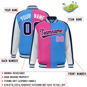 Custom Pink Powder Blue White-Navy Color Block Bomber Varsity Full-Snap Baseball Jacket