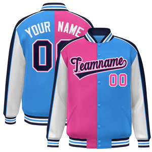 Custom Pink Powder Blue White-Navy Color Block Bomber Varsity Full-Snap Baseball Jacket