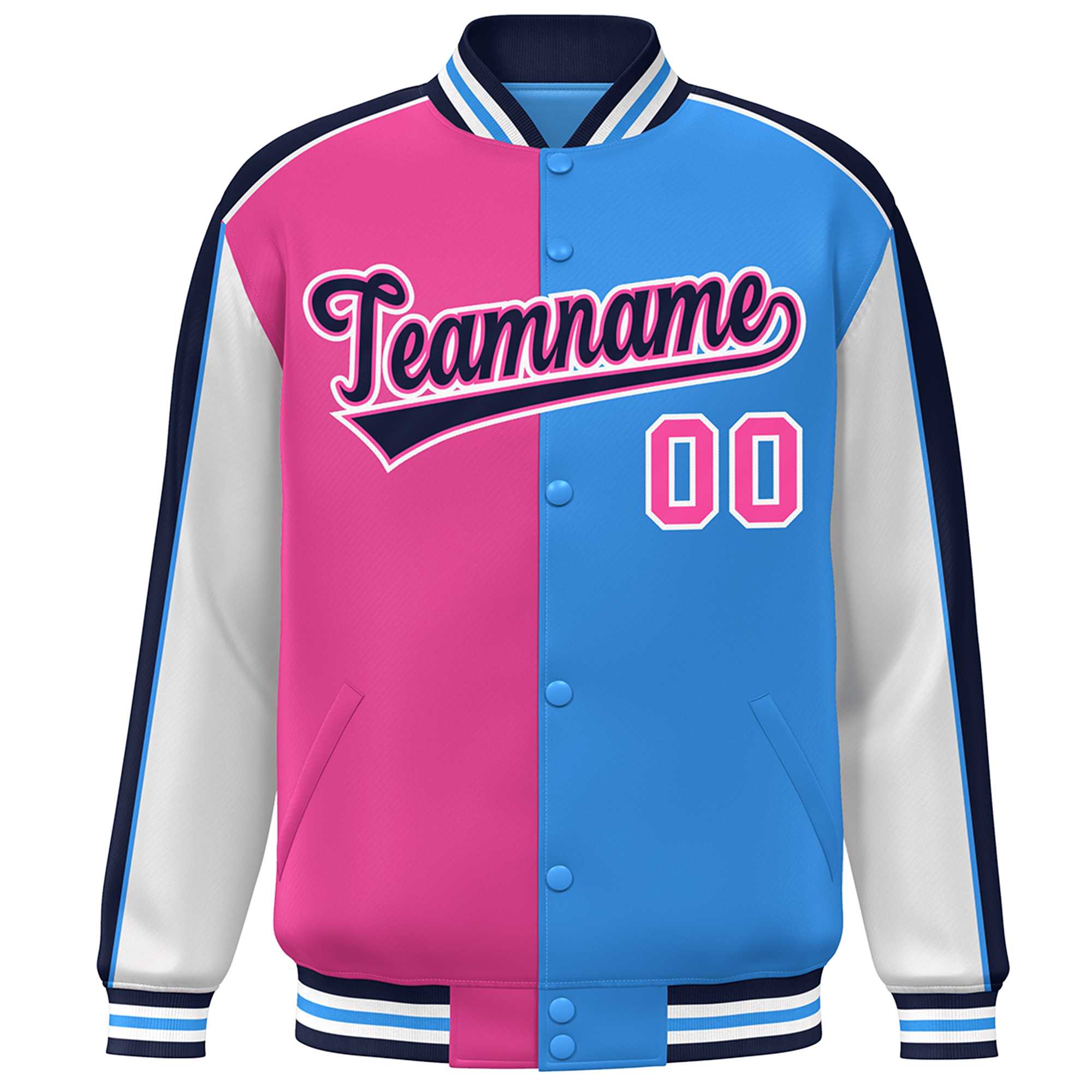 Custom Pink Powder Blue White-Navy Color Block Bomber Varsity Full-Snap Baseball Jacket