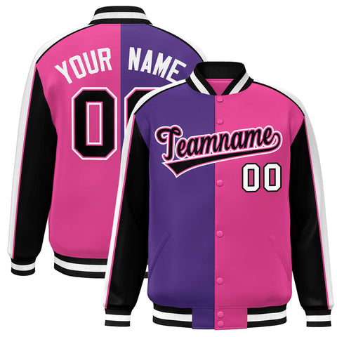 Custom Purple Pink Black-White Color Block Bomber Varsity Full-Snap Baseball Jacket