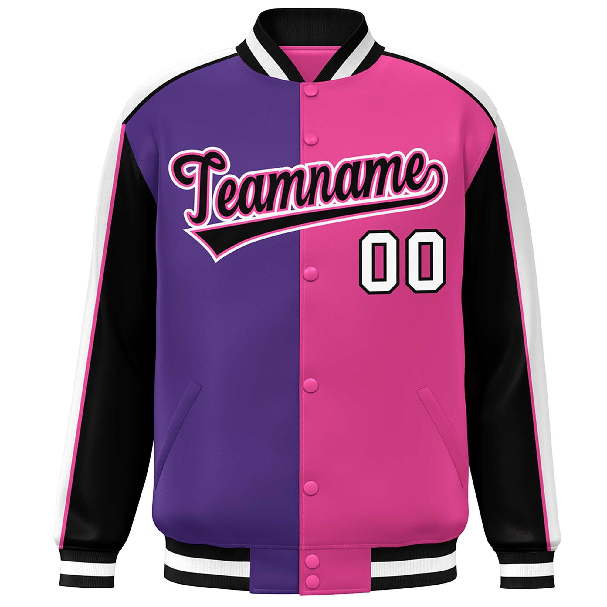 Custom Purple Pink Black-White Color Block Bomber Varsity Full-Snap Baseball Jacket