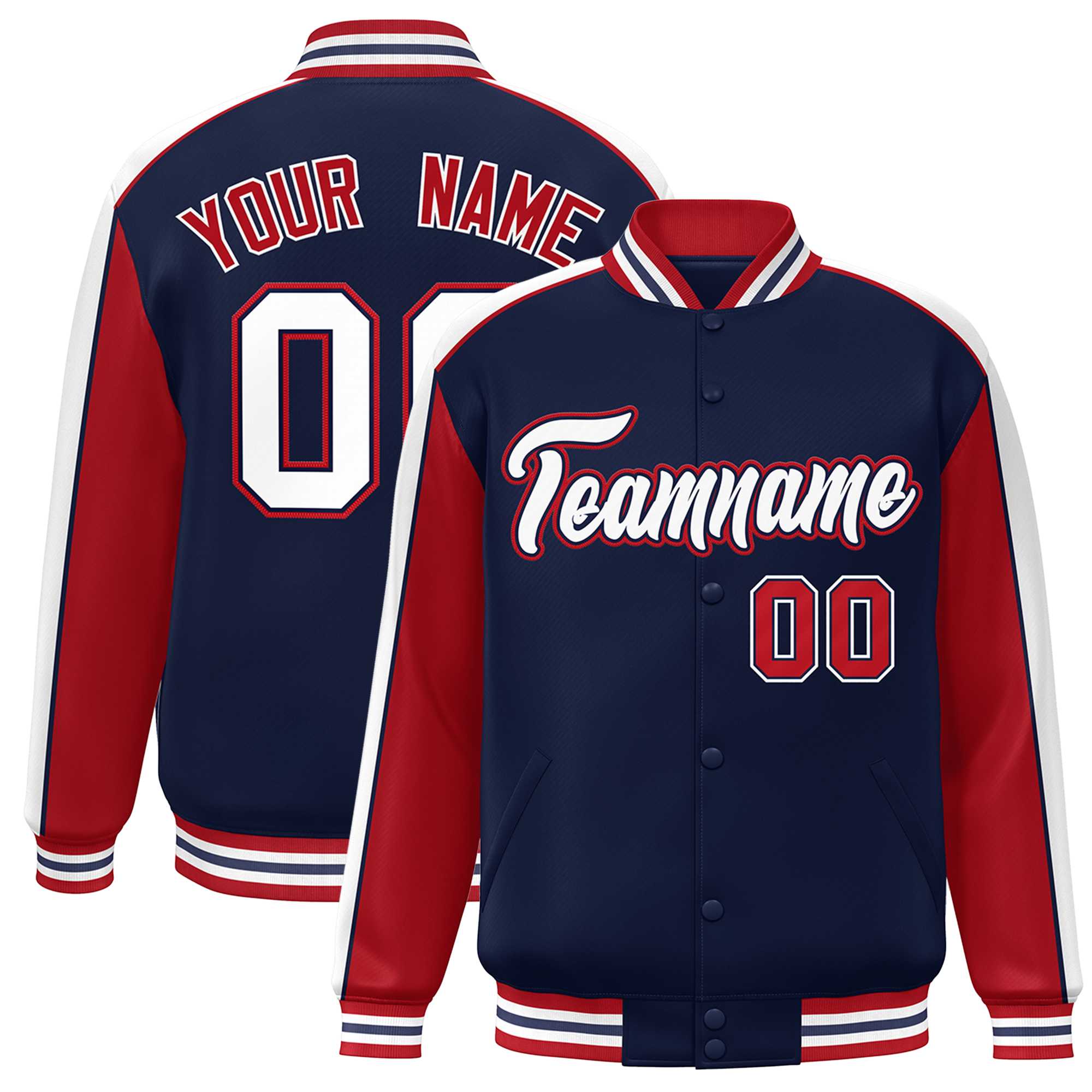 Custom Navy Red-White Color Block Bomber Varsity Full-Snap Baseball Jacket