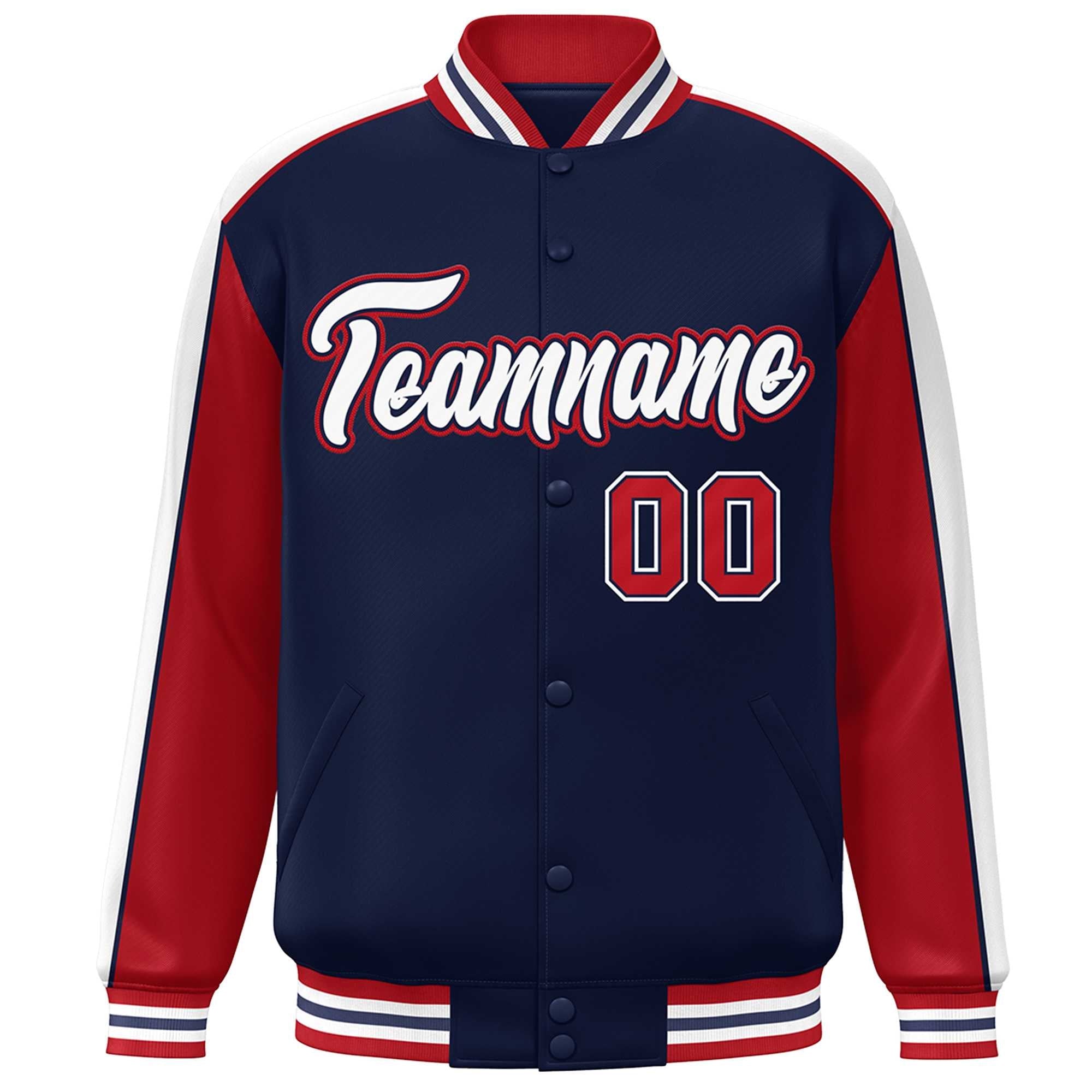 Custom Navy Red-White Color Block Bomber Varsity Full-Snap Baseball Jacket