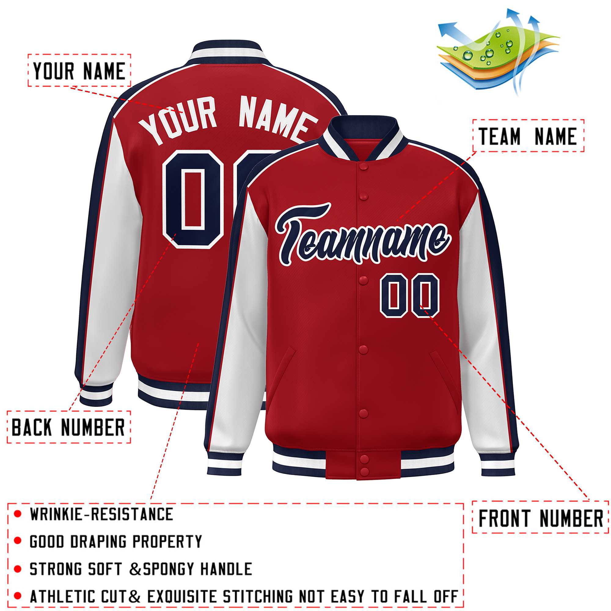 Custom Red Navy-White Color Block Bomber Varsity Full-Snap Baseball Jacket