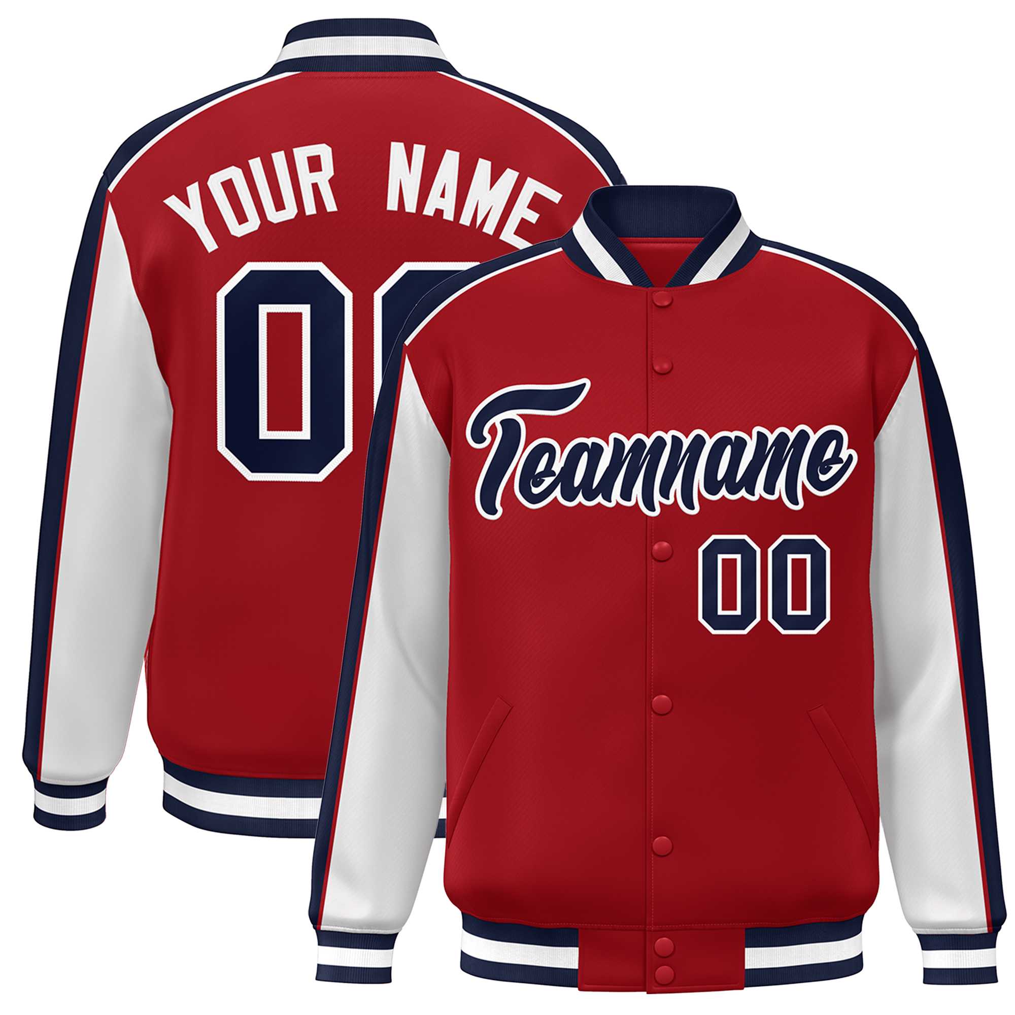 Custom Red Navy-White Color Block Bomber Varsity Full-Snap Baseball Jacket