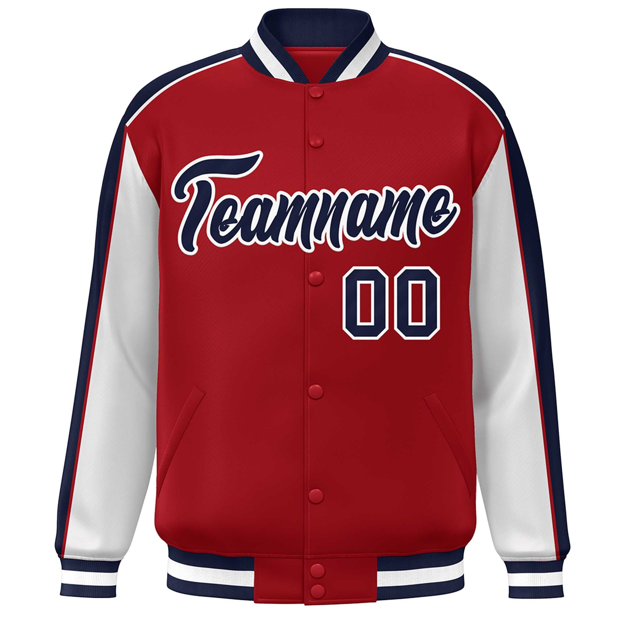 Custom Red Navy-White Color Block Bomber Varsity Full-Snap Baseball Jacket