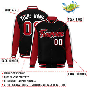 Custom Black Red-White Color Block Bomber Varsity Full-Snap Baseball Jacket