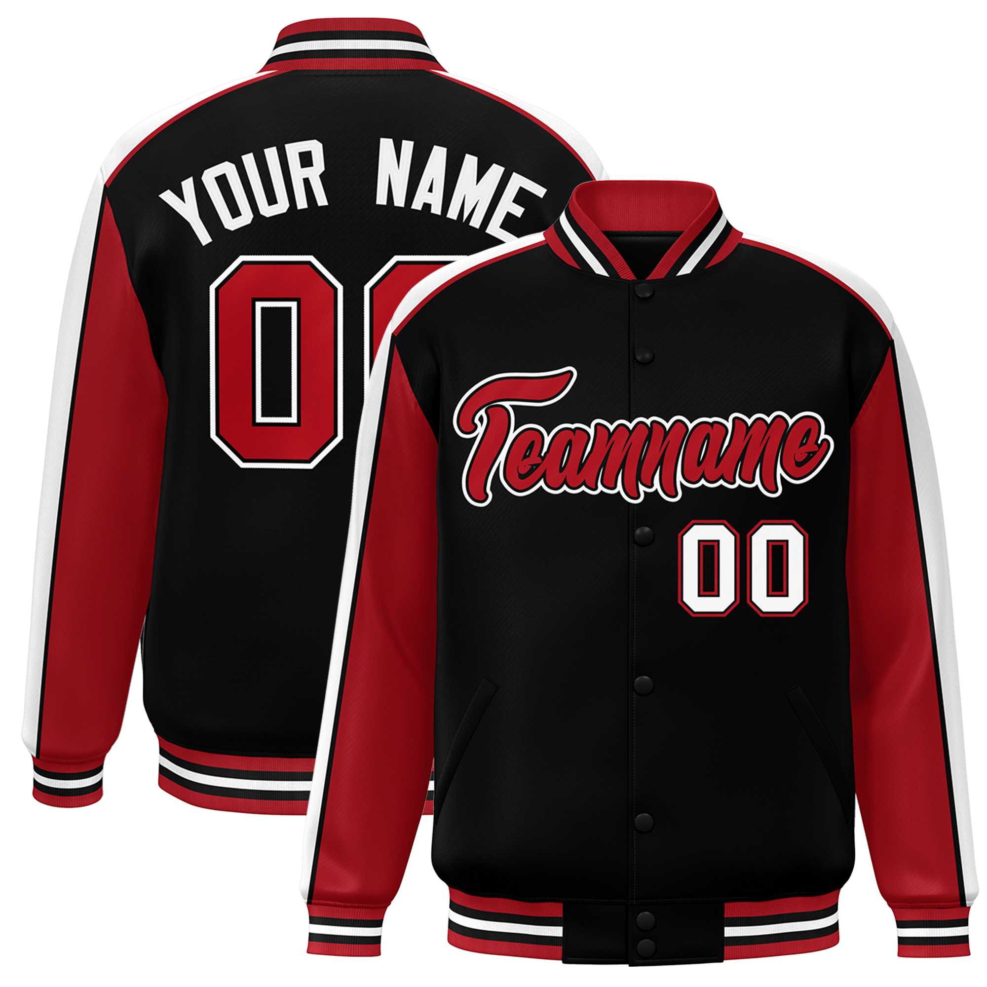 Custom Black Red-White Color Block Bomber Varsity Full-Snap Baseball Jacket