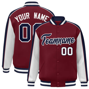 Custom Crimson White-Navy Color Block Bomber Varsity Full-Snap Baseball Jacket