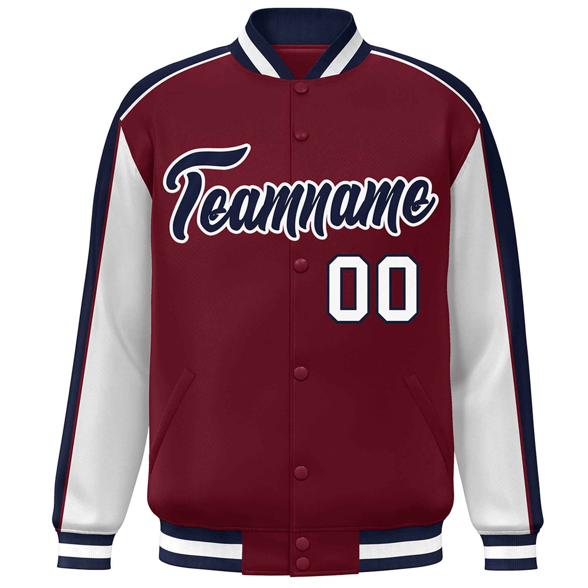 Custom Crimson White-Navy Color Block Bomber Varsity Full-Snap Baseball Jacket