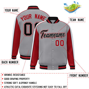 Custom Gray Red-White Color Block Bomber Varsity Full-Snap Baseball Jacket