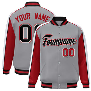 Custom Gray Red-White Color Block Bomber Varsity Full-Snap Baseball Jacket