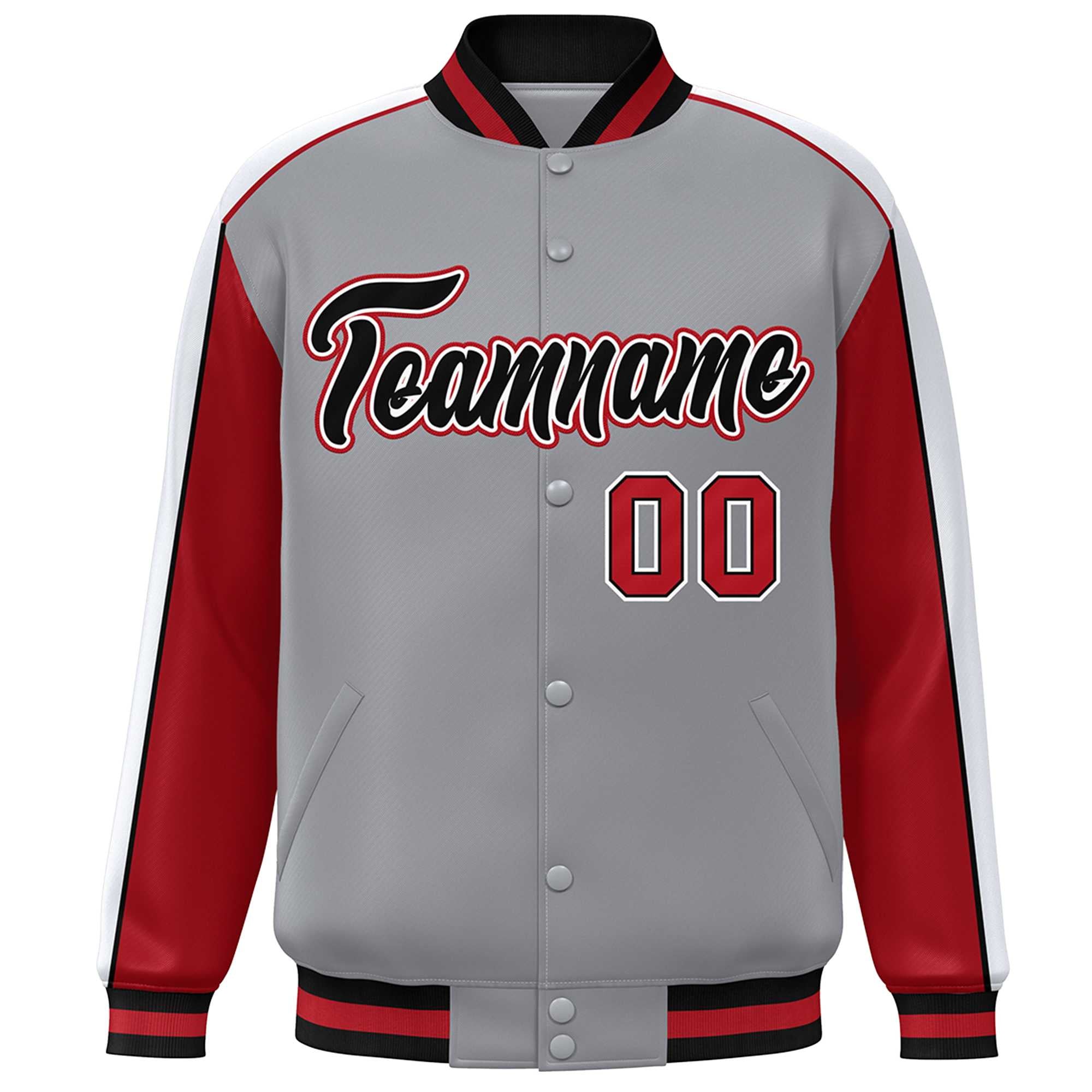 Custom Gray Red-White Color Block Bomber Varsity Full-Snap Baseball Jacket