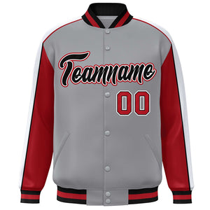 Custom Gray Red-White Color Block Bomber Varsity Full-Snap Baseball Jacket