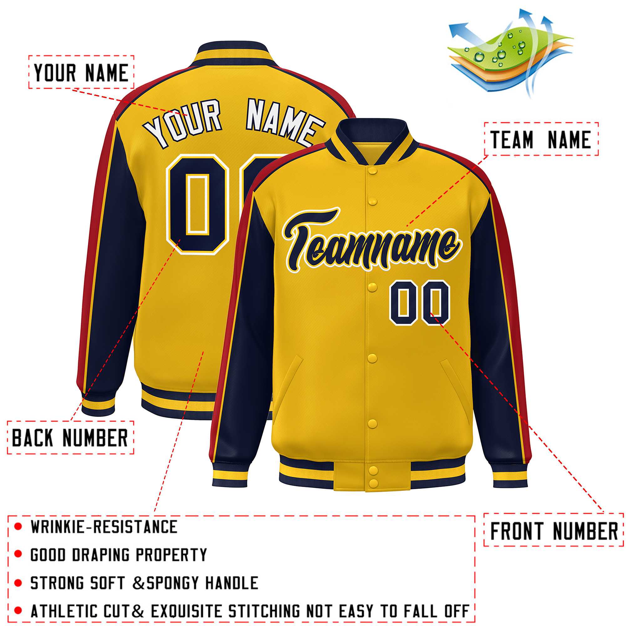 Custom Gold Navy-Red Color Block Bomber Varsity Full-Snap Baseball Jacket