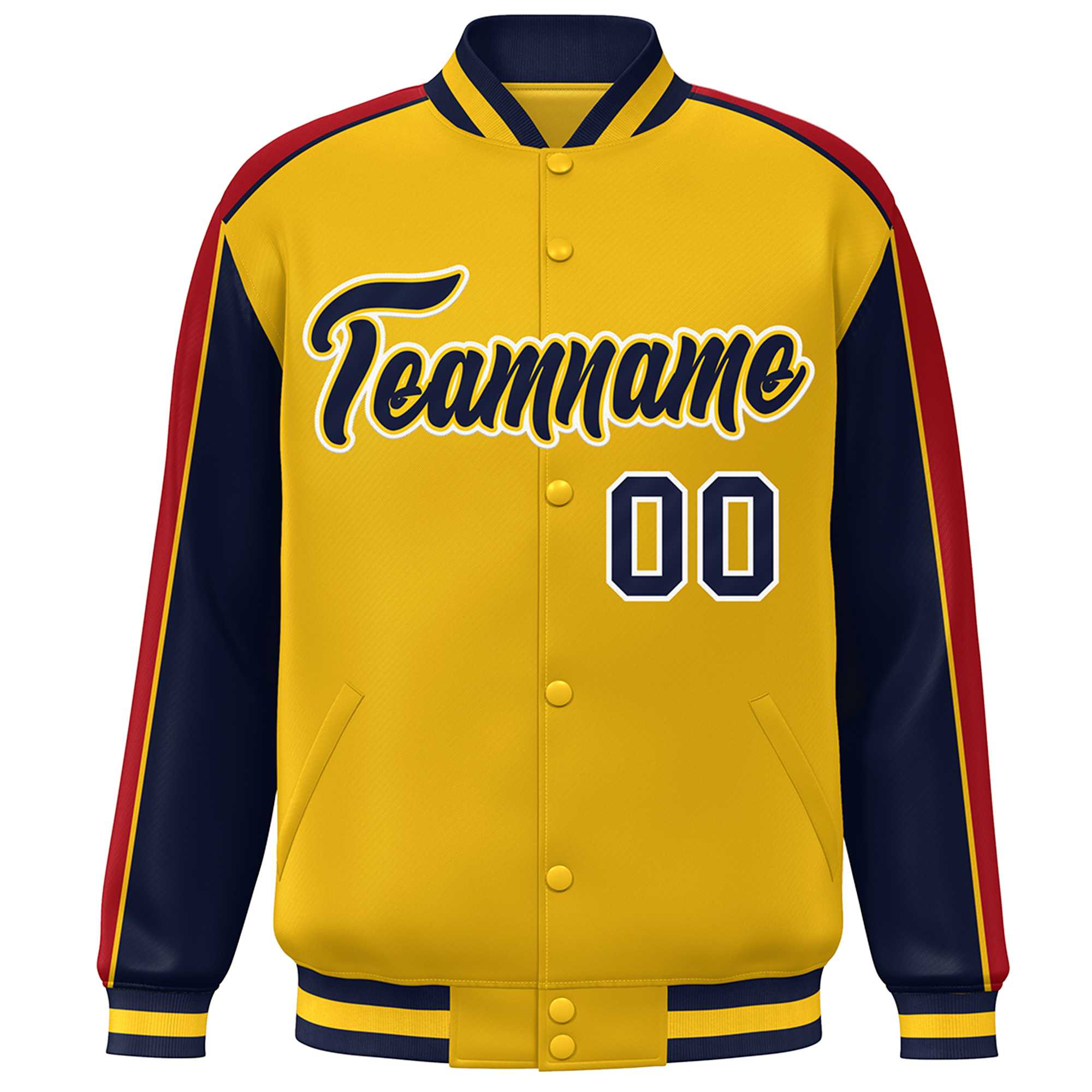 Custom Gold Navy-Red Color Block Bomber Varsity Full-Snap Baseball Jacket