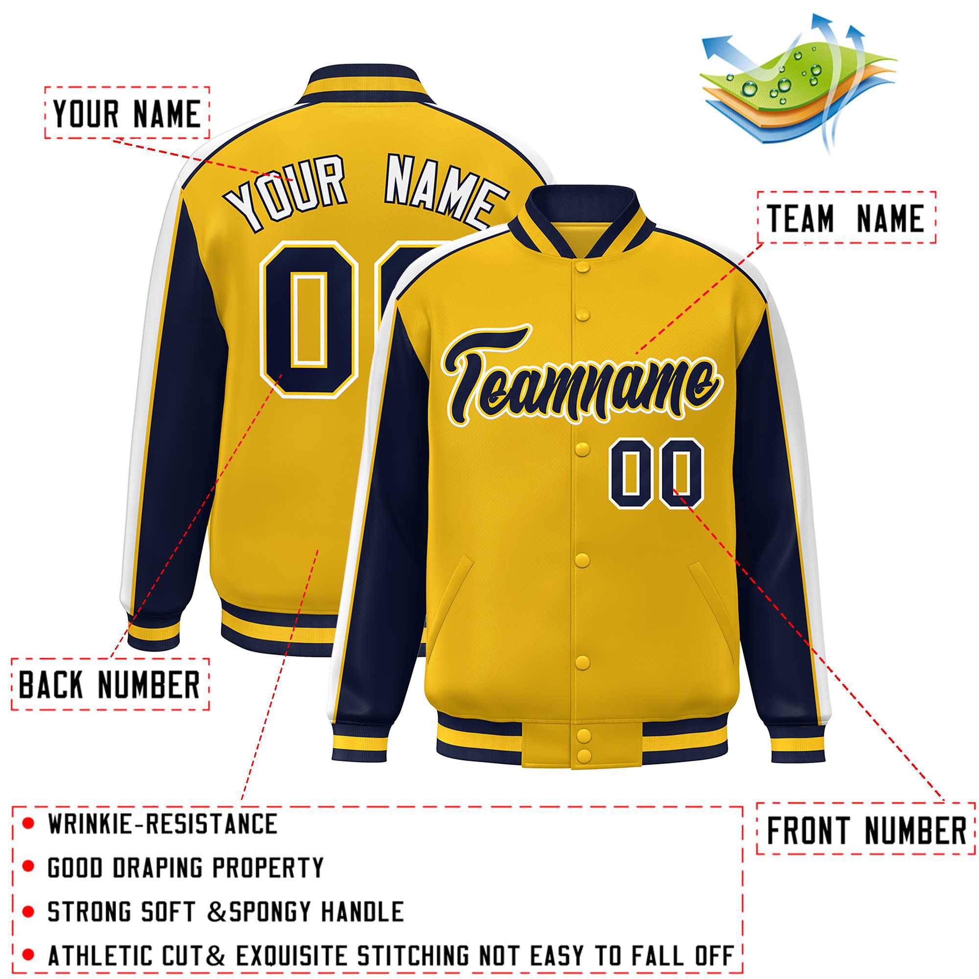 Custom Gold Navy-White Color Block Bomber Varsity Full-Snap Baseball Jacket